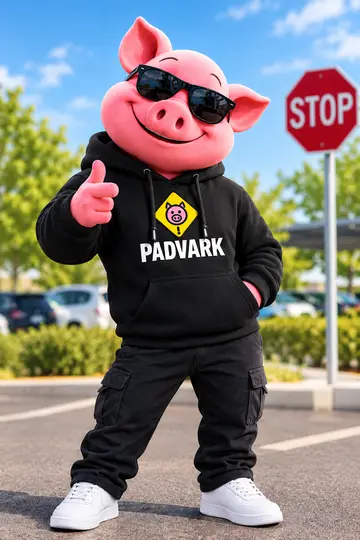 Padvark, the road hog mascot, in sunglasses and a Padvark hoodie, giving a thumbs-up next to a stop sign